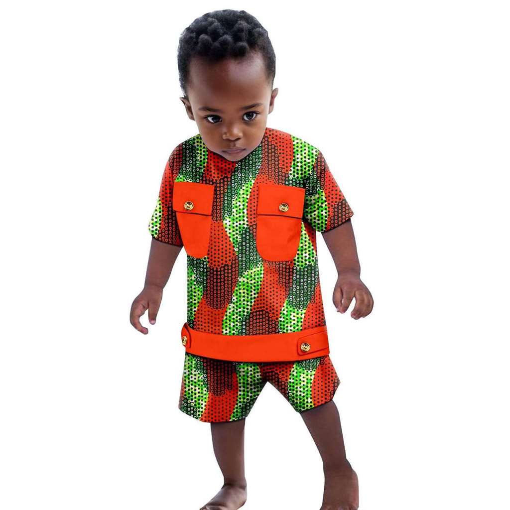 Boys Outfits Dashiki Summer Cotton Print Top and Pant Sets