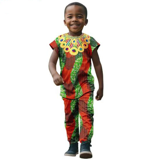 African Clothes for Kids Print Top Tee and Pant Sets KID005