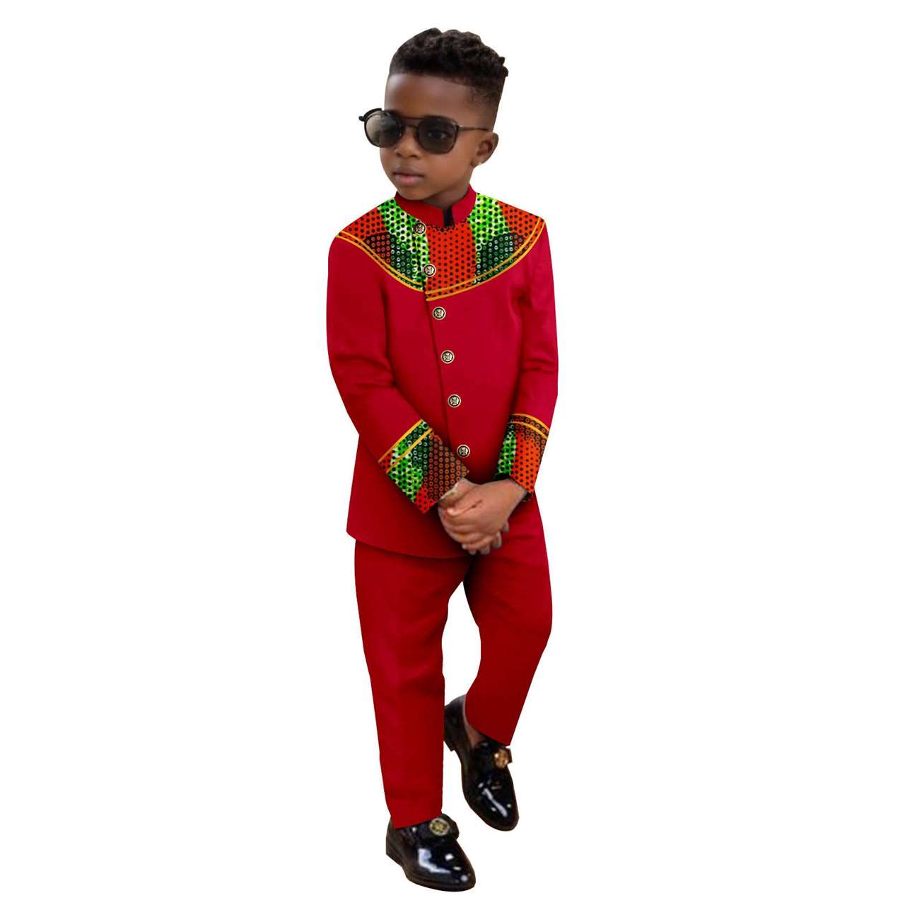 Boy Suits Dashiki Stand Jacket Button Bright Silk Top and Pant Sets