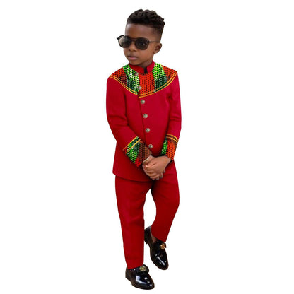 Boy Suits Dashiki Stand Jacket Button Bright Silk Top and Pant Sets