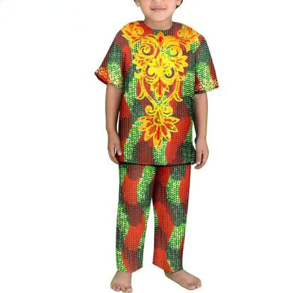 Boys Outfits Dashiki Cotton Ankara Print Top Shirt and Pants Sets