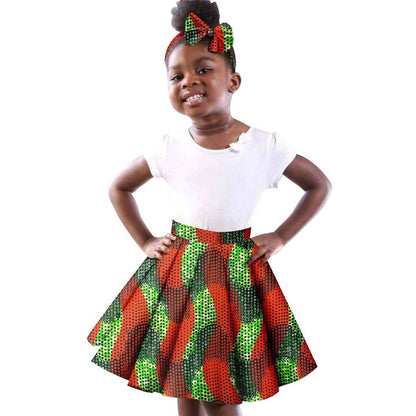 Girls White Top Tee and Print Skirts Sets Matching Bow tie Head wrap