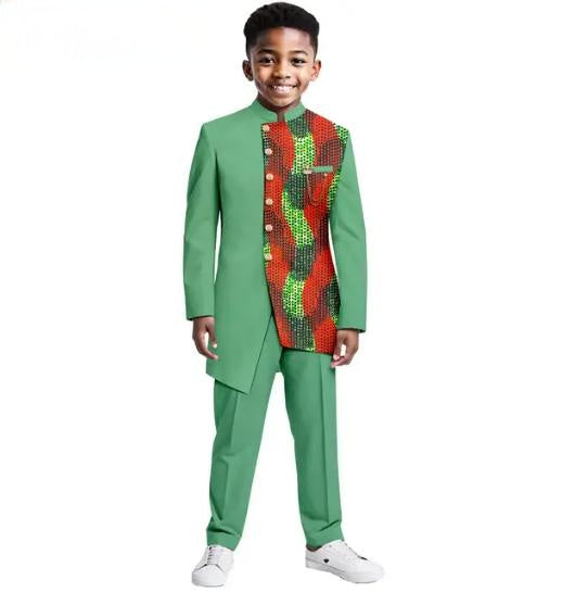 Kids African Clothes Formal Blazer Print Top and Pant Sets