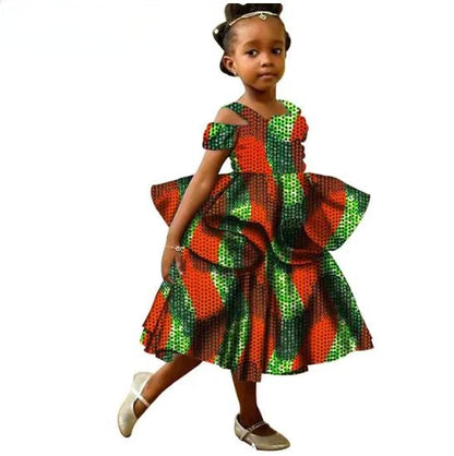 Girls African Clothes Ankara Print Double Layer Ruffles Dresses