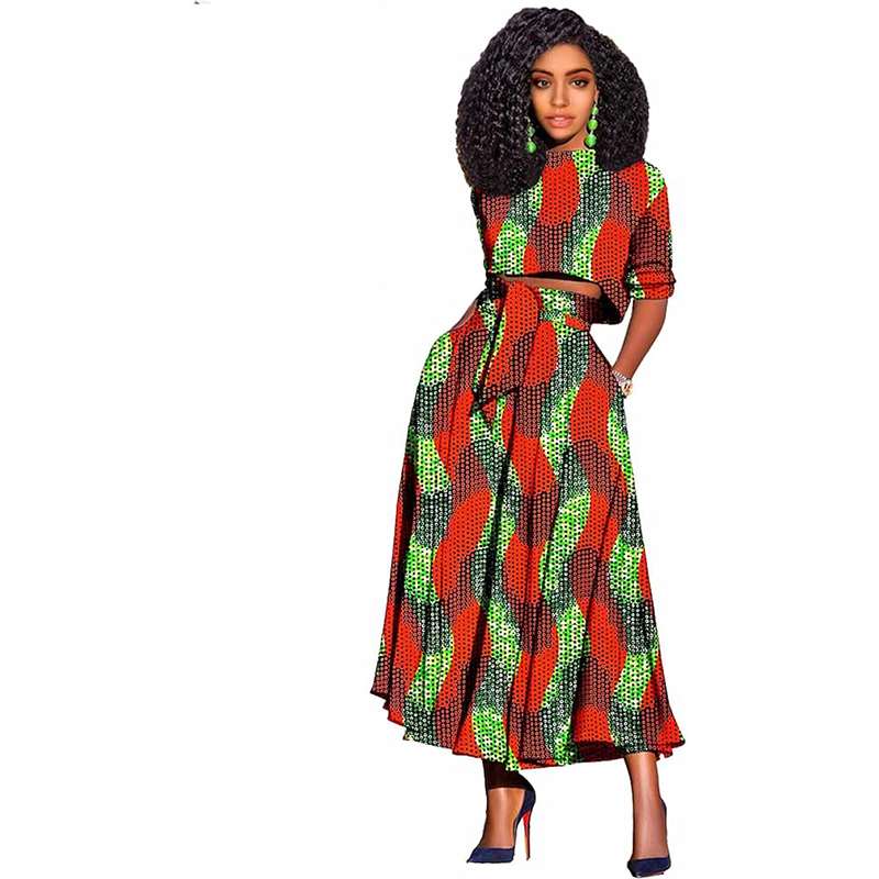 Women African Clothes Print Crop Top and Long Skirts Attire FMS008