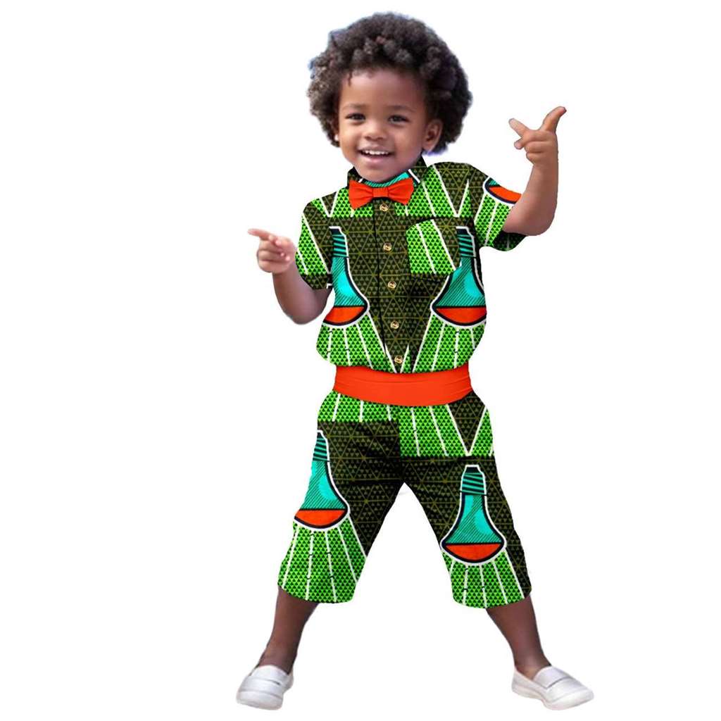 Boys Print Bow tie Top Shirt and Pant Sets Ankara Outerwear