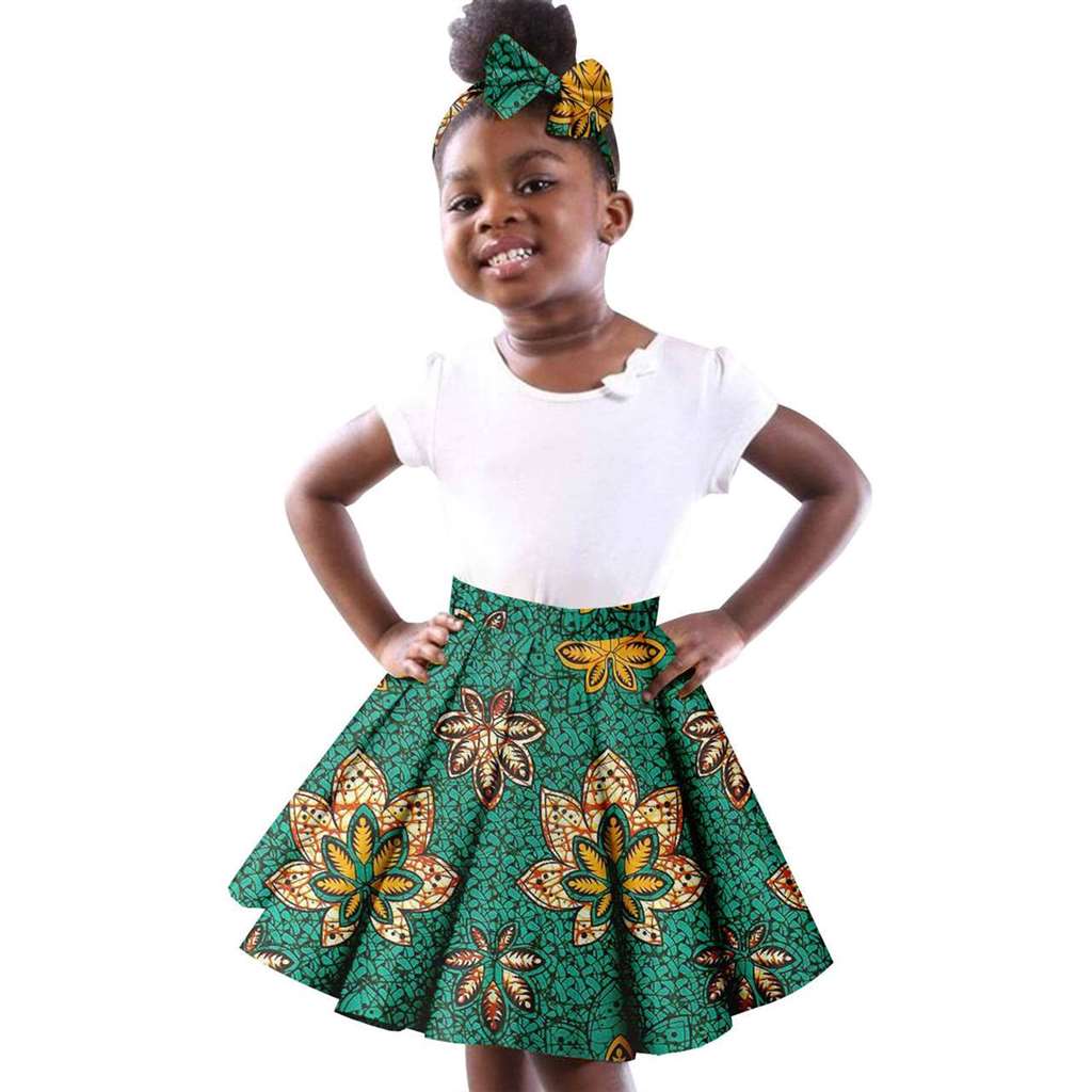 Girls White Top Tee and Print Skirts Sets Matching Bow tie Head wrap