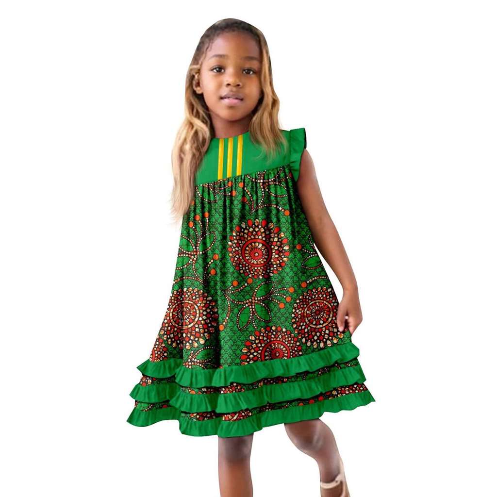 African Clothes Ankara Print A-line Dresses Sleeveless Ruffles Dress