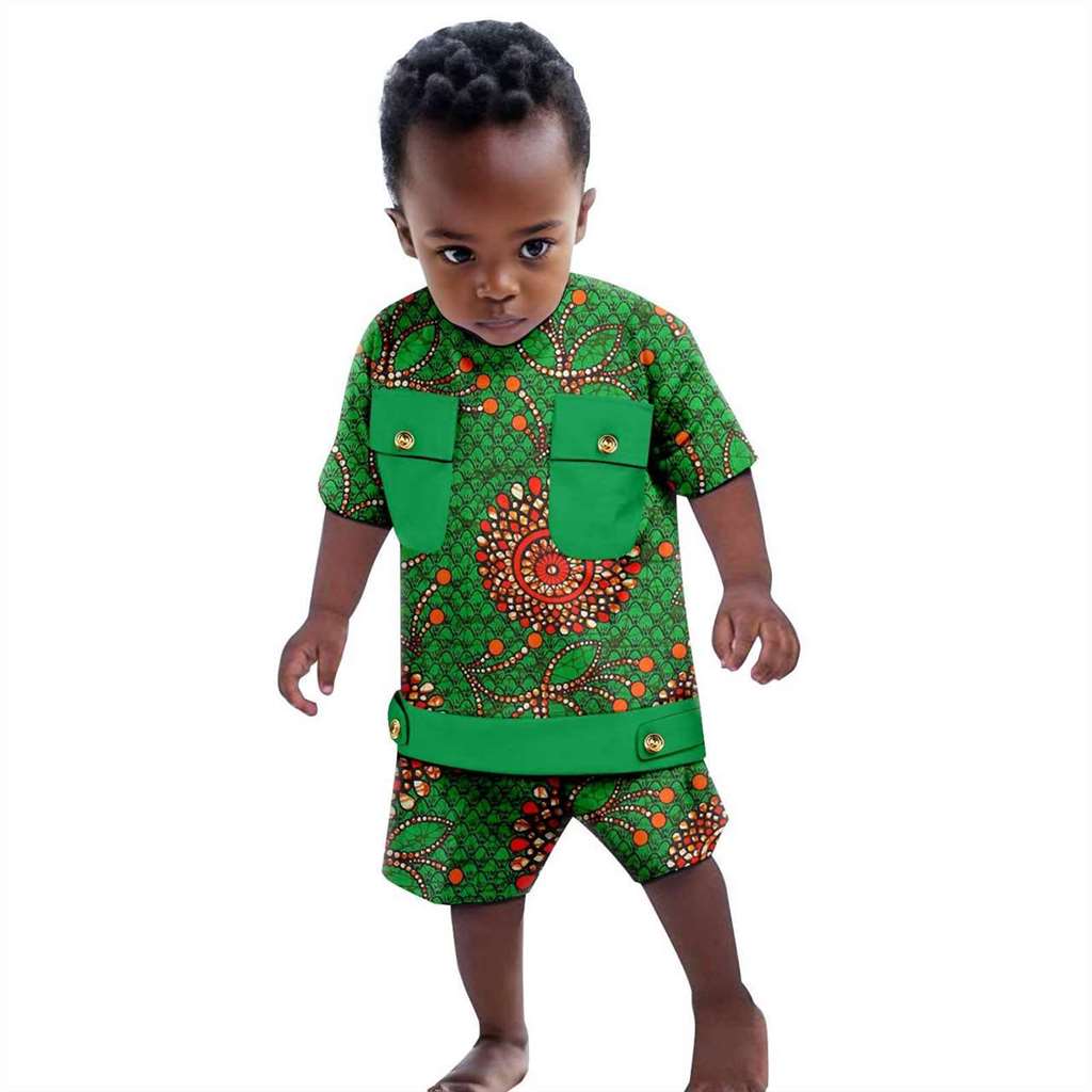 Boys Outfits Dashiki Summer Cotton Print Top and Pant Sets