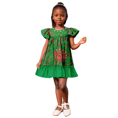 Girls Ankara Print A-line Dresses Ruffle Puff Sleeve Dress KID078