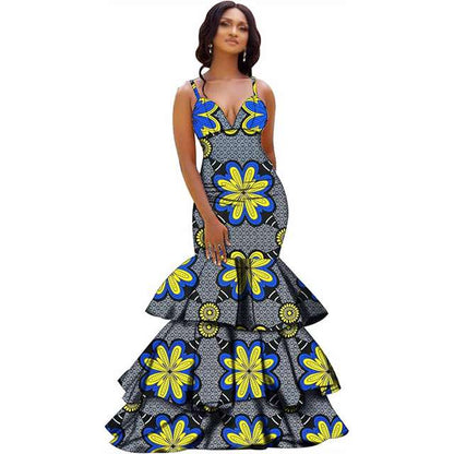 African Dresses Print Sexy V-Neck Long Maxi Dress Party Wedding