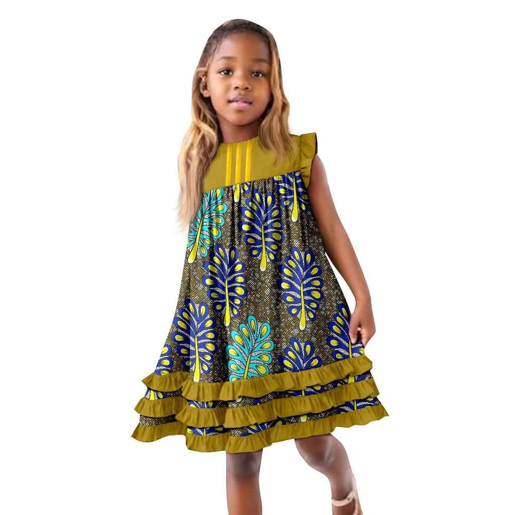 African Clothes Ankara Print A-line Dresses Sleeveless Ruffles Dress