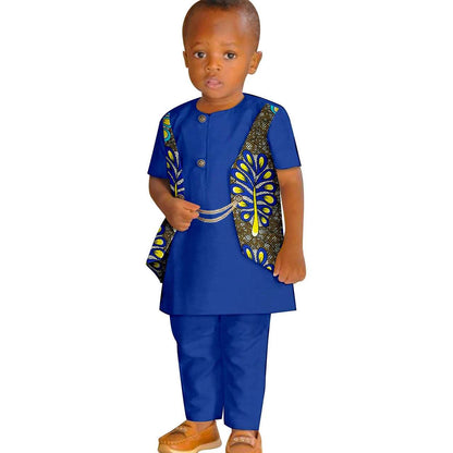 Boy Summer Print False Two-piece Suit Top and Pant Sets KID077