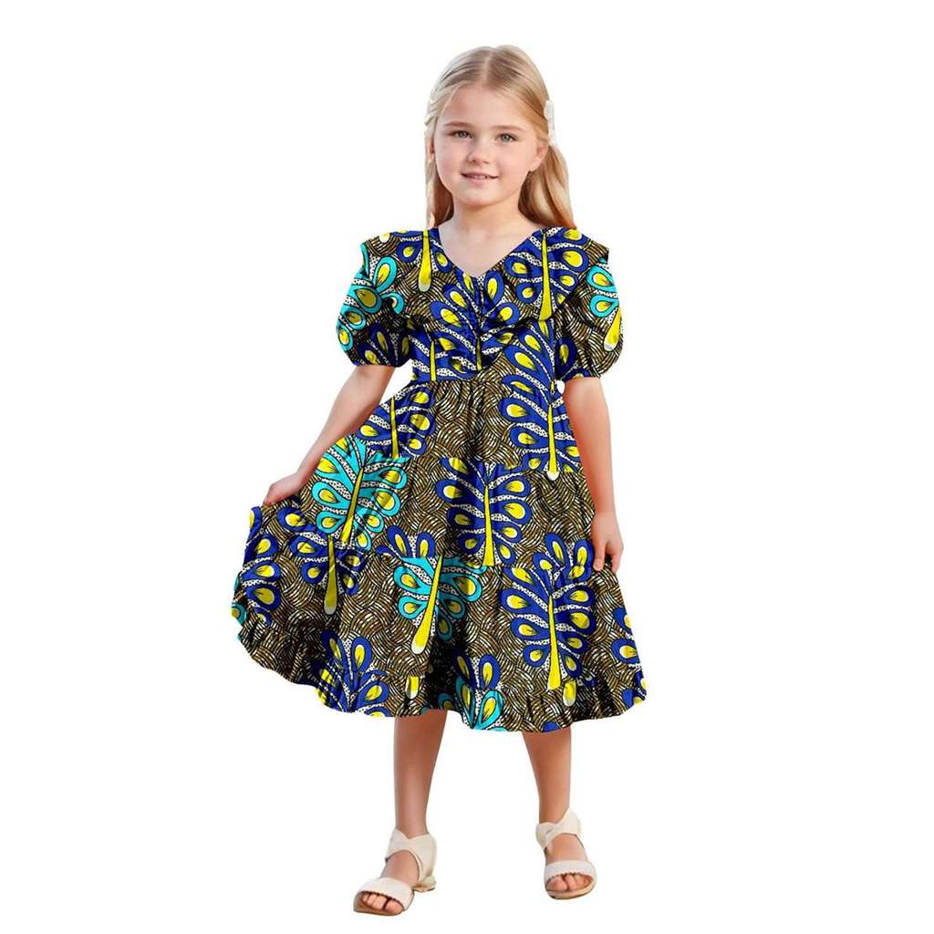 Girls Ankara Print Double Ruffles Collar Dresses Party Dresses