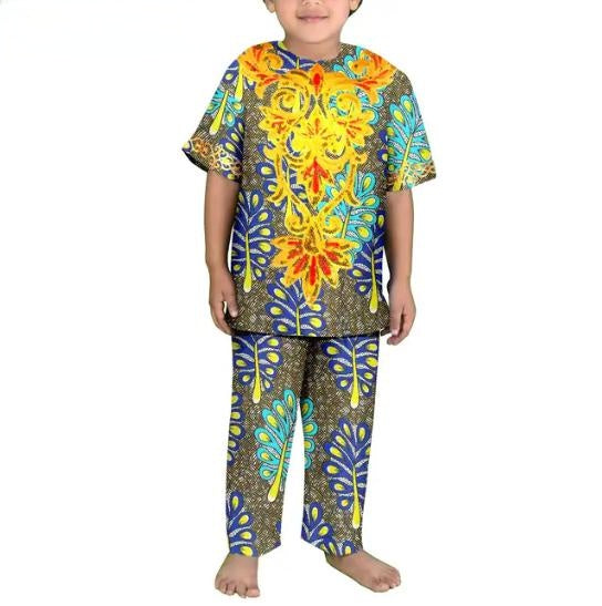 Boys Outfits Dashiki Cotton Ankara Print Top Shirt and Pants Sets