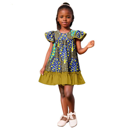 Girls Ankara Print A-line Dresses Ruffle Puff Sleeve Dress KID078