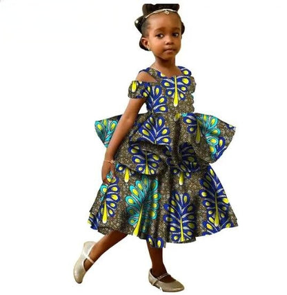 Girls African Clothes Ankara Print Double Layer Ruffles Dresses