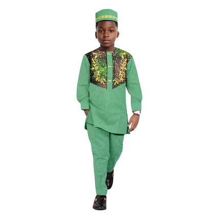 African Clothes for Boys Outfits Print Appliques Shirt and Pant Sets