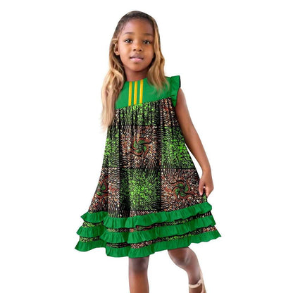 African Clothes Ankara Print A-line Dresses Sleeveless Ruffles Dress