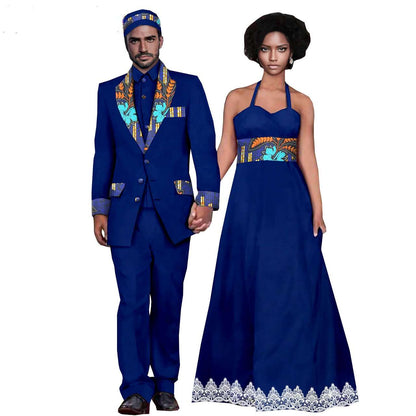 African Clothes Women Long Dresses Match Men Suits Sets CC052