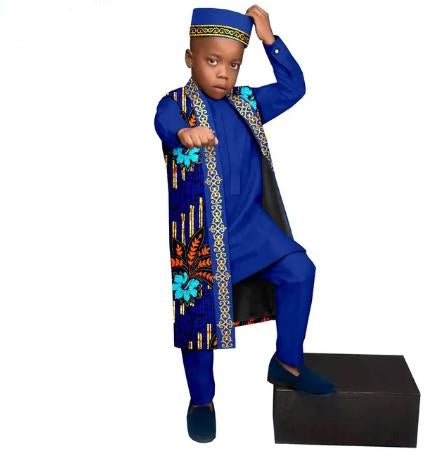 Kids African Clothes Print Top and Pant Sets Match Cap