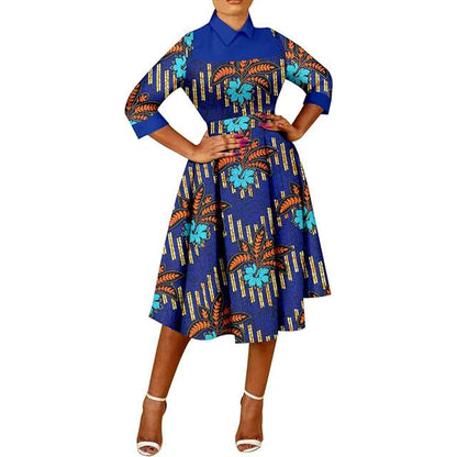 African Dresses Ankara Casual A-line Midi Print Party Wedding