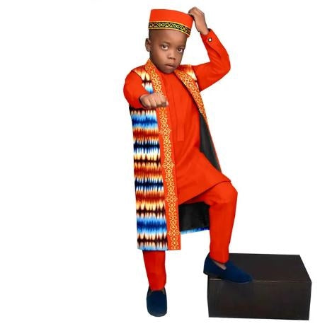 Kids African Clothes Print Top and Pant Sets Match Cap