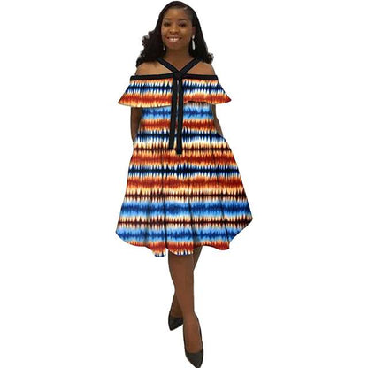 African Dress Ankara Print Ethnic Halter Dresses with Bow Tie