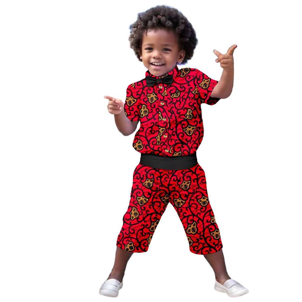 Boys Print Bow tie Top Shirt and Pant Sets Ankara Outerwear