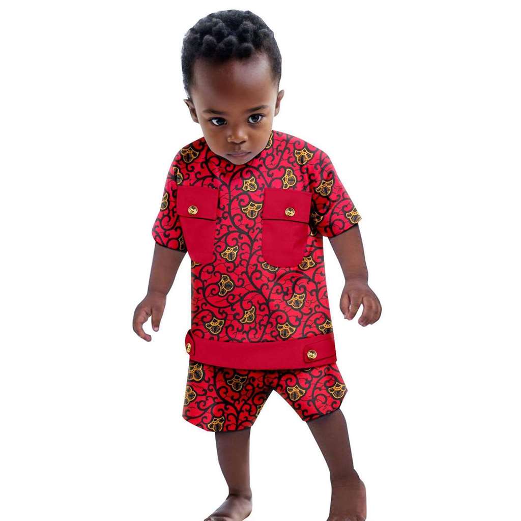 Boys Outfits Dashiki Summer Cotton Print Top and Pant Sets