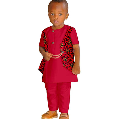 Boy Summer Print False Two-piece Suit Top and Pant Sets KID077