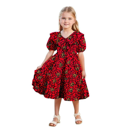 Girls Ankara Print Double Ruffles Collar Dresses Party Dresses