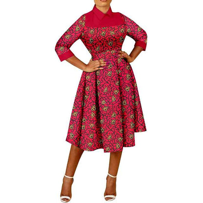 African Dresses Ankara Casual A-line Midi Print Party Wedding