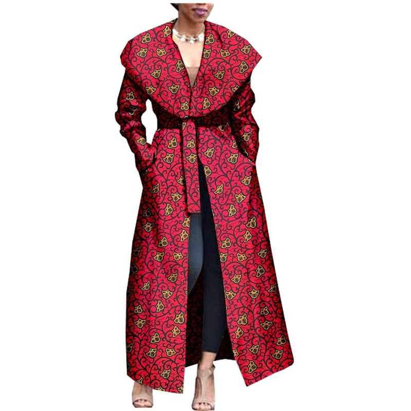 African Print Coat Ankara Long Sleeve Jacket Maxi Coat with Belt