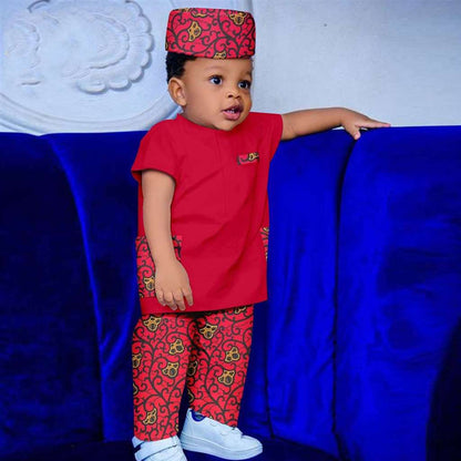 Boy Outfit Print Short Sleeve Top and Pant Hat 3 Pieces Muslim Sets