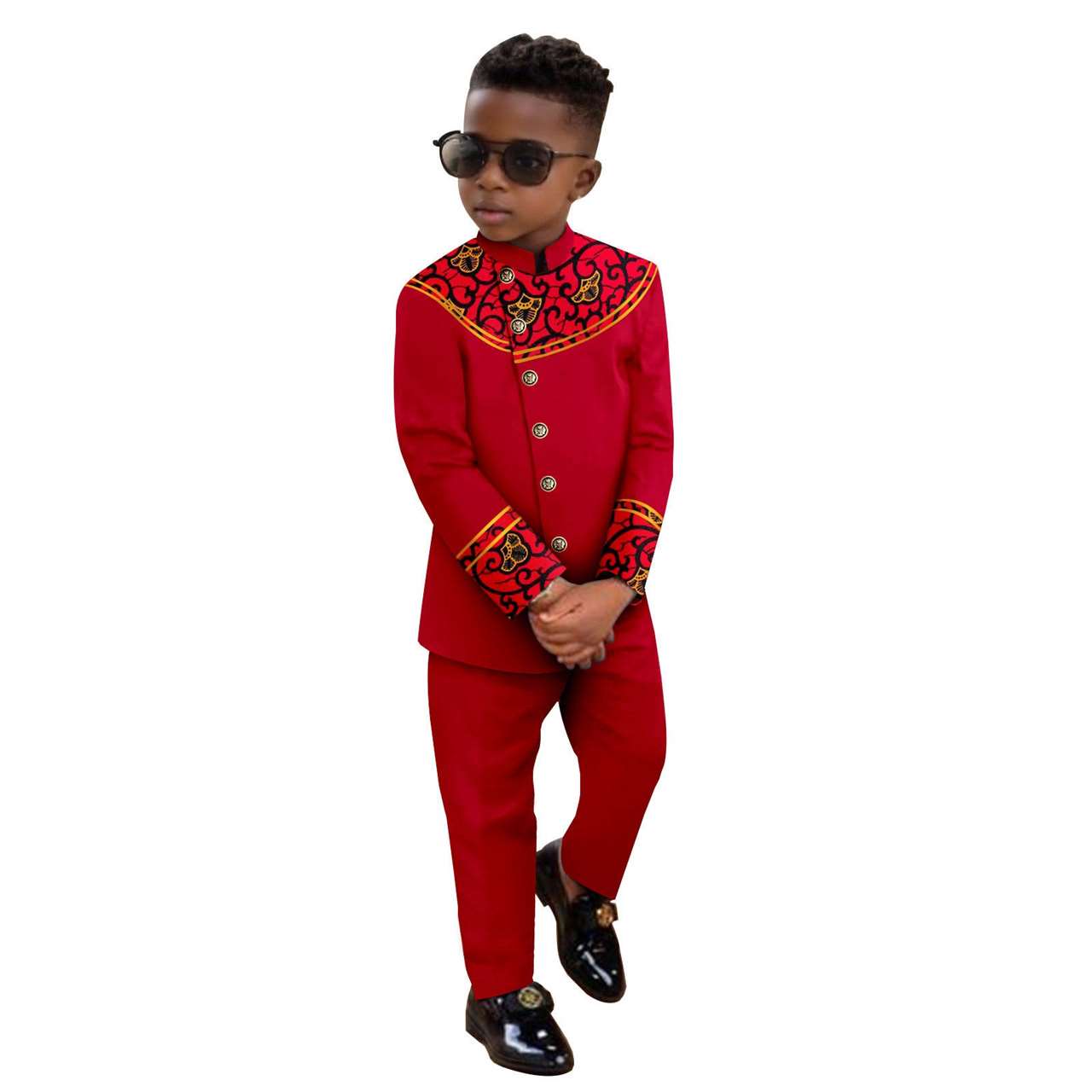 Boy Suits Dashiki Stand Jacket Button Bright Silk Top and Pant Sets