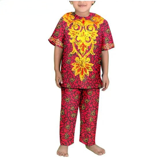 Boys Outfits Dashiki Cotton Ankara Print Top Shirt and Pants Sets