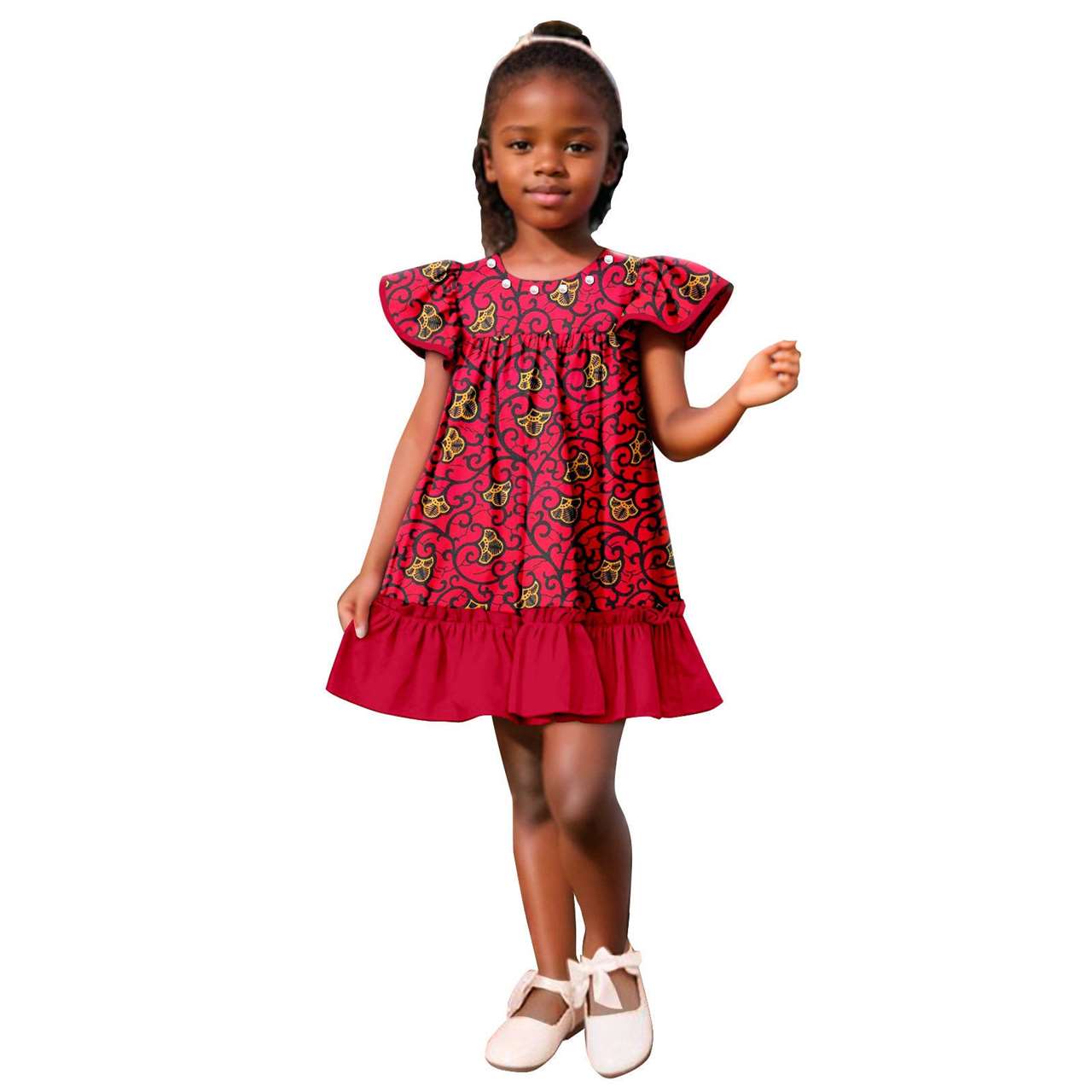 Girls Ankara Print A-line Dresses Ruffle Puff Sleeve Dress KID078