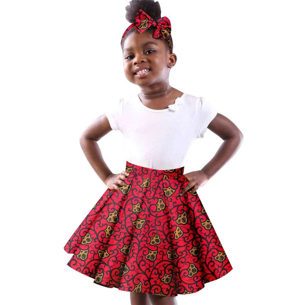 Girls White Top Tee and Print Skirts Sets Matching Bow tie Head wrap