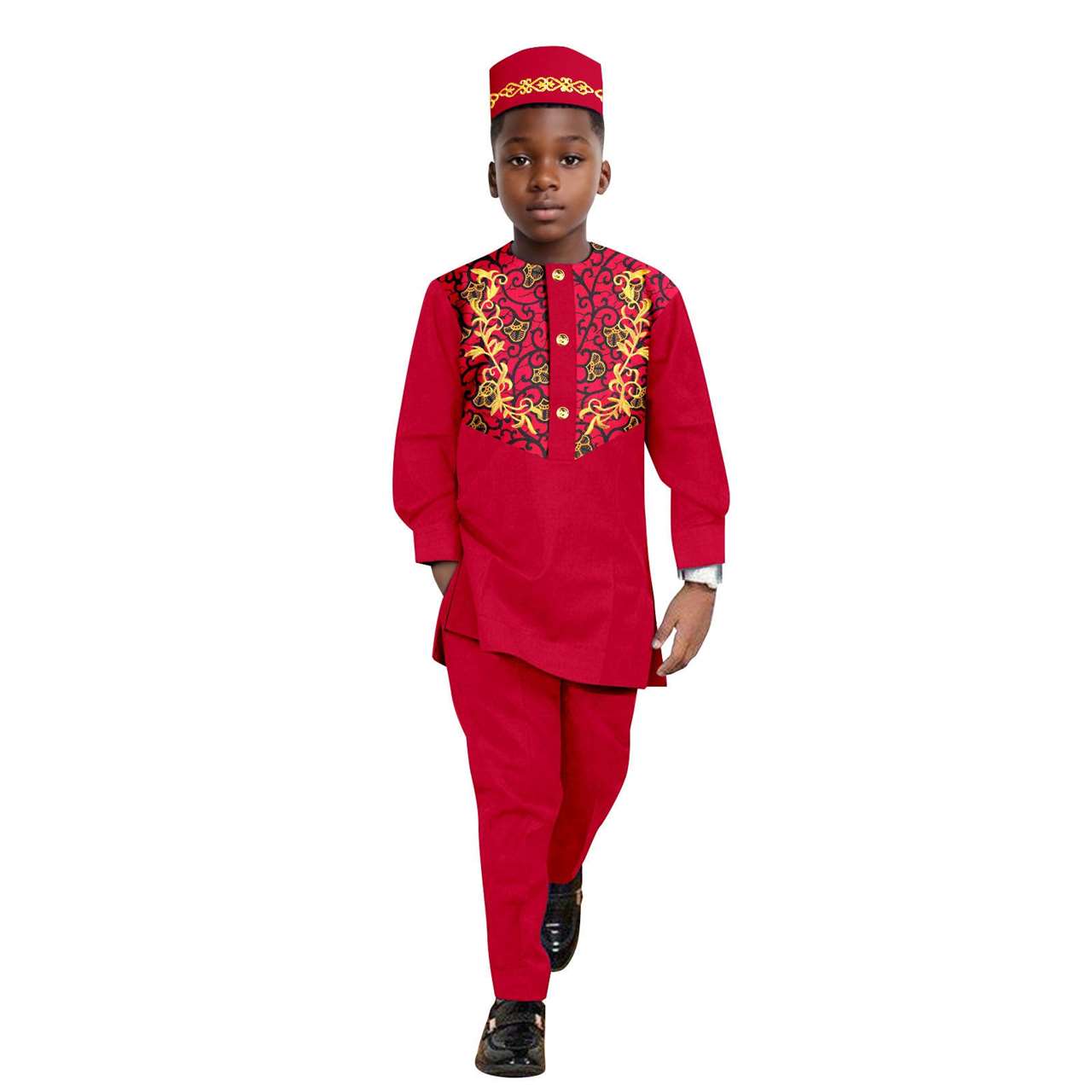 African Clothes for Boys Outfits Print Appliques Shirt and Pant Sets