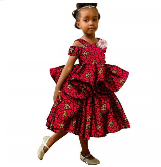 Girls African Clothes Ankara Print Double Layer Ruffles Dresses