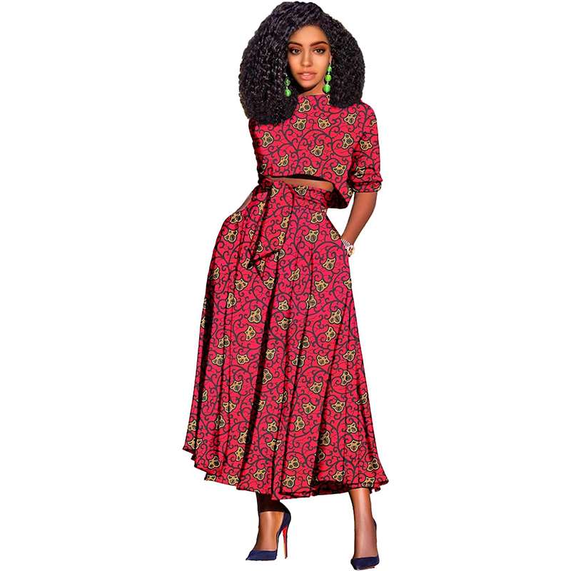 Women African Clothes Print Crop Top and Long Skirts Attire FMS008-1