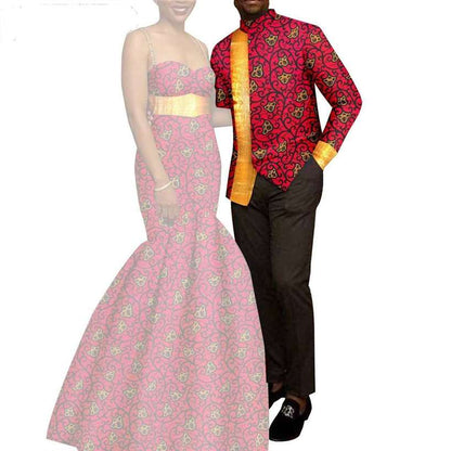 African Mermaid Print Dresses Match Men suits Sets CC049