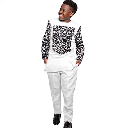 Boys Outfits Print Patchwork Long Sleeve Top and Pants Ankara Suits