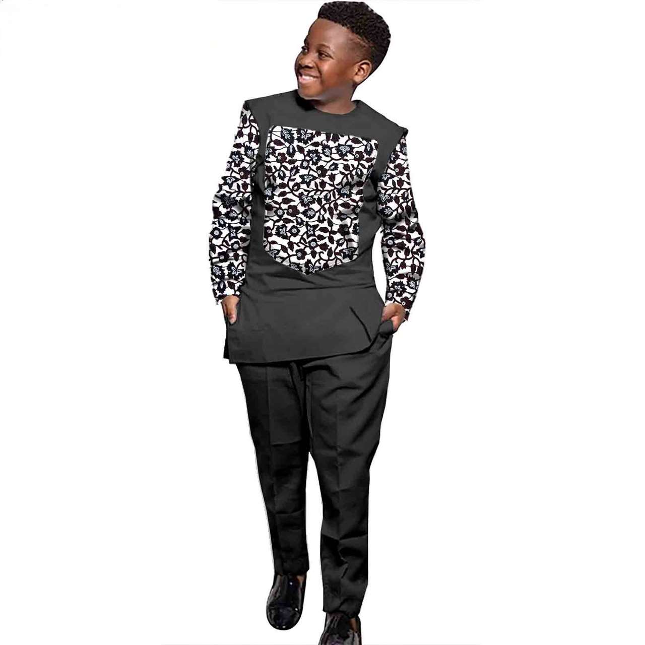 Boys Outfits Print Patchwork Long Sleeve Top and Pants Ankara Suits