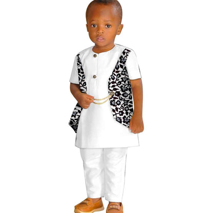 Boy Summer Print False Two-piece Suit Top and Pant Sets KID077