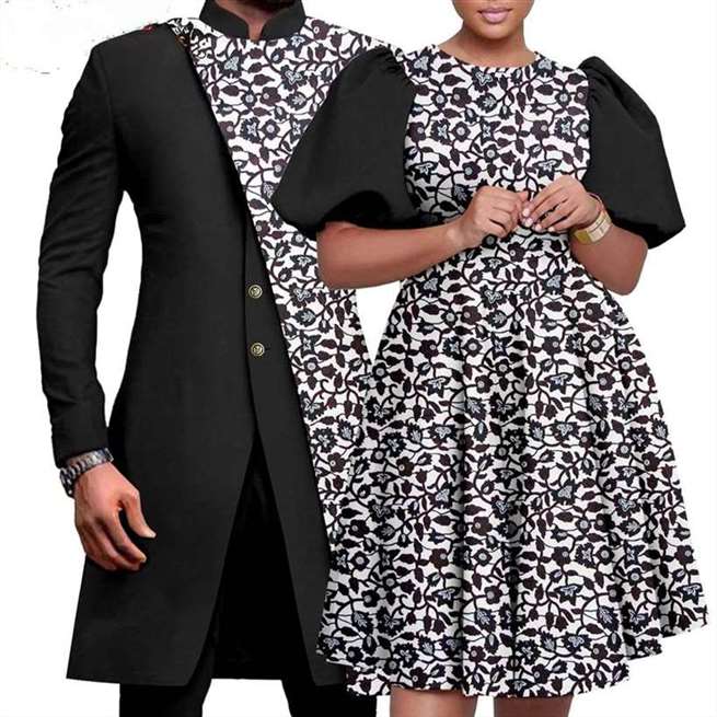 Women Print Dresses Match Men Patchwork Jacket and Pant Sets CC073