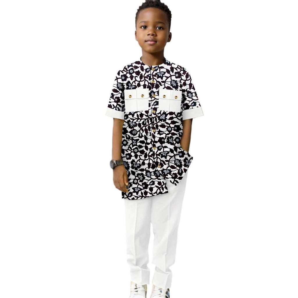 Dashiki Boys Outfits Casual Print Button Top Shirt and Pant Sets