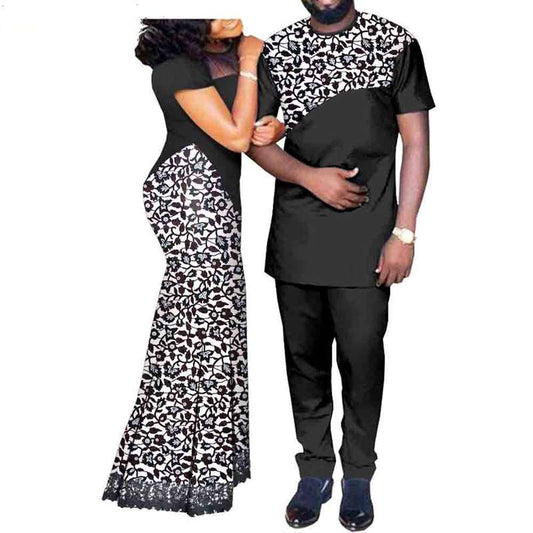 Lover couple Outfit Lace Long Dresses Men Top and Pants Sets CC001