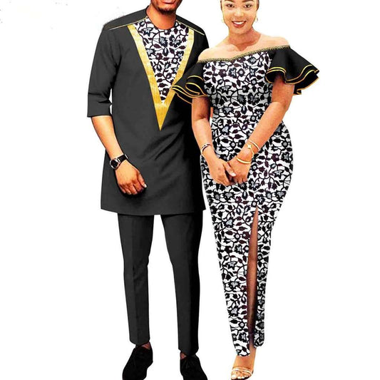 African Couple Outfits Women Sleeve Fit Dresses Match Men Sets CC019-2